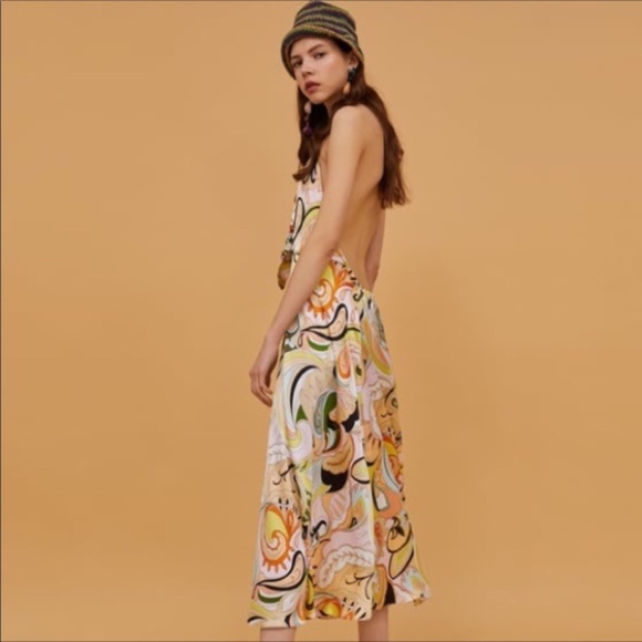 Zara Retro/Y2K Tie Front Paisley Floral Satin Halter Sleeveless Midi Slip Dress - Picture 3 of 16